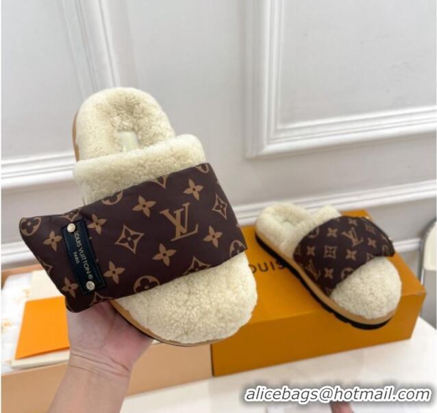 Stylish Louis Vuitton Slipper Pillow Flat Comfort Mules in Monogram Nylon and Shearling White 110256