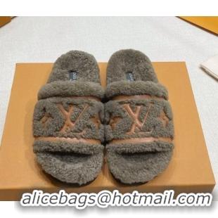 Sophisticated Louis Vuitton Shearling Flat Slide Sandals Grey 110257