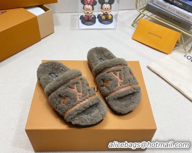 Sophisticated Louis Vuitton Shearling Flat Slide Sandals Grey 110257