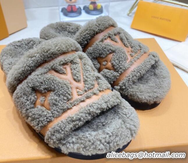 Sophisticated Louis Vuitton Shearling Flat Slide Sandals Grey 110257