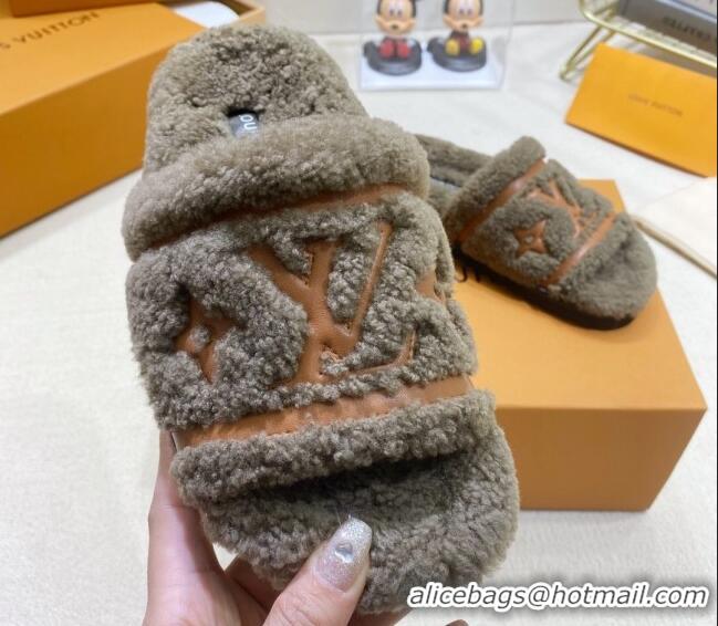 Sophisticated Louis Vuitton Shearling Flat Slide Sandals Grey 110257