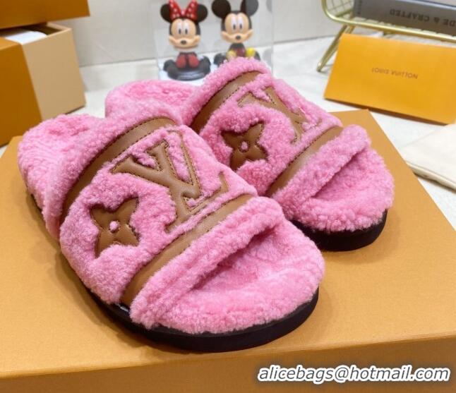 Perfect Louis Vuitton Shearling Flat Slide Sandals Dark Pink 110258