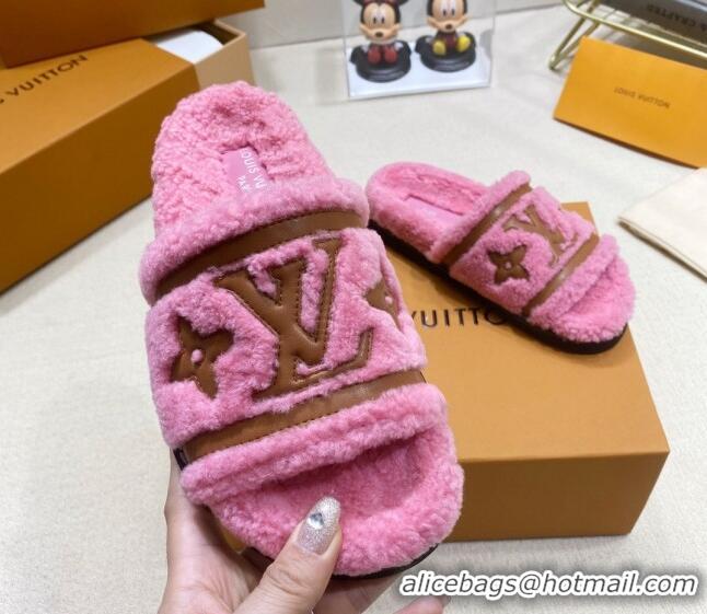 Perfect Louis Vuitton Shearling Flat Slide Sandals Dark Pink 110258