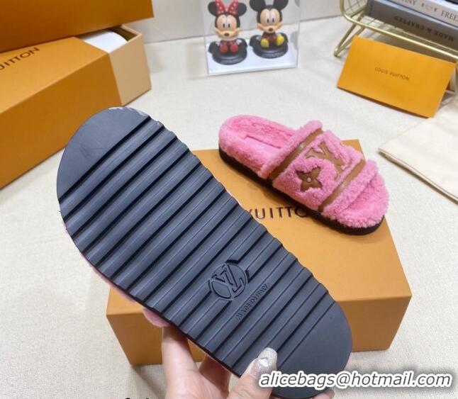 Perfect Louis Vuitton Shearling Flat Slide Sandals Dark Pink 110258