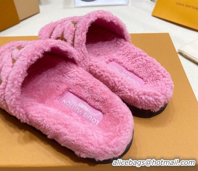 Perfect Louis Vuitton Shearling Flat Slide Sandals Dark Pink 110258