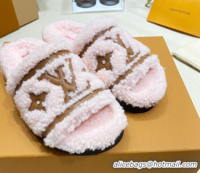 Hot Style Louis Vuitton Shearling Flat Slide Sandals Light Pink 110259