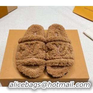 Popular Style Louis Vuitton Shearling Flat Slide Sandals Brown 110260