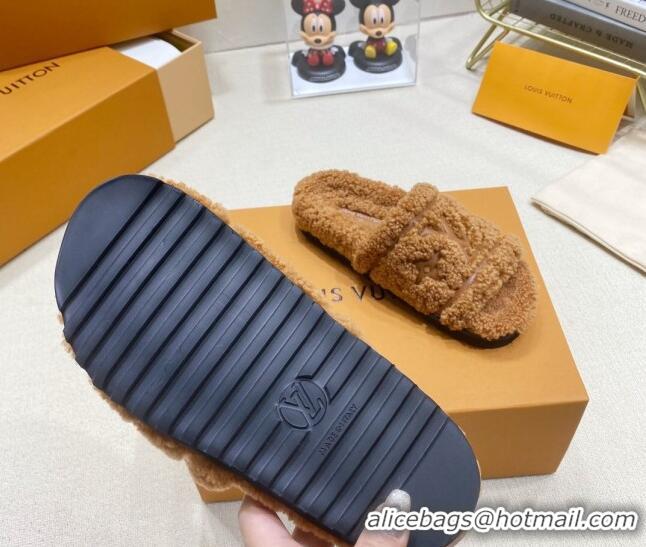 Popular Style Louis Vuitton Shearling Flat Slide Sandals Brown 110260