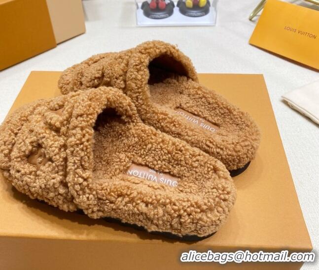 Popular Style Louis Vuitton Shearling Flat Slide Sandals Brown 110260