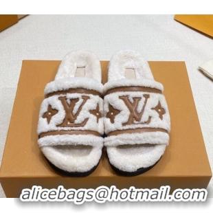 Stylish Louis Vuitton Shearling Flat Slide Sandals Cream White 110261