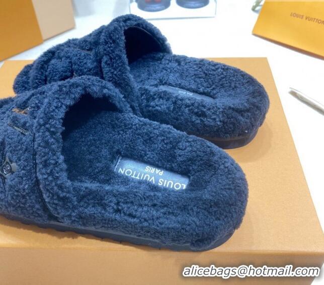 Good Product Louis Vuitton Shearling Flat Slide Sandals Black 110262