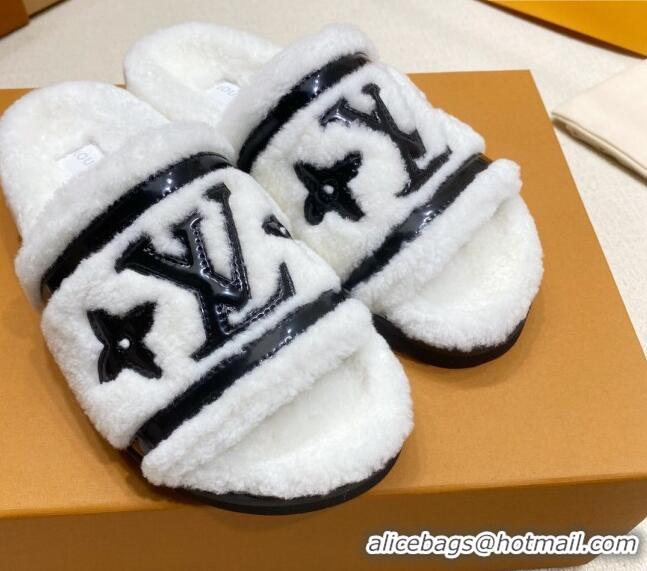 Grade Louis Vuitton Shearling Flat Slide Sandals Snow White 110263