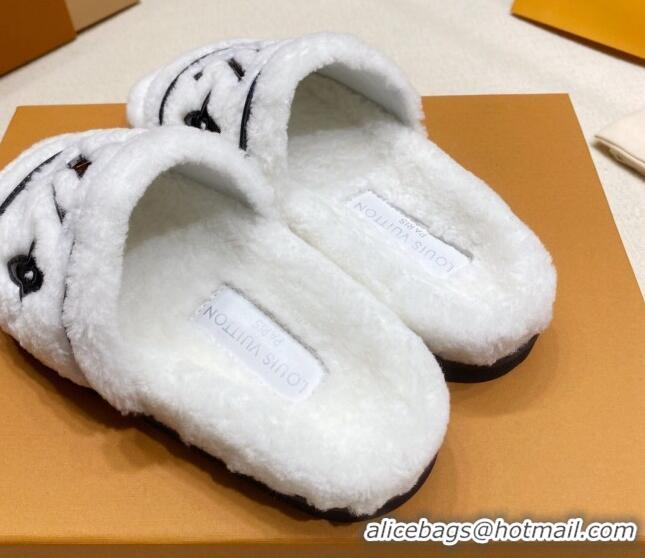 Grade Louis Vuitton Shearling Flat Slide Sandals Snow White 110263