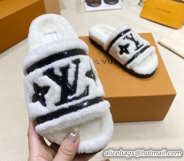 Grade Louis Vuitton Shearling Flat Slide Sandals Snow White 110263