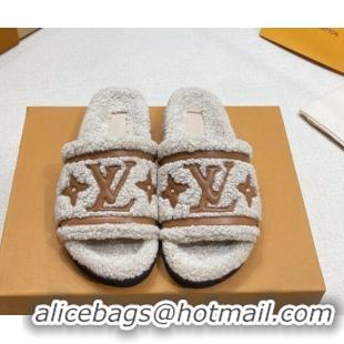 Unique Style Louis Vuitton Shearling Flat Slide Sandals Beige 110264