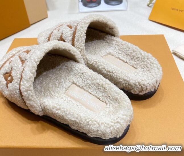 Unique Style Louis Vuitton Shearling Flat Slide Sandals Beige 110264