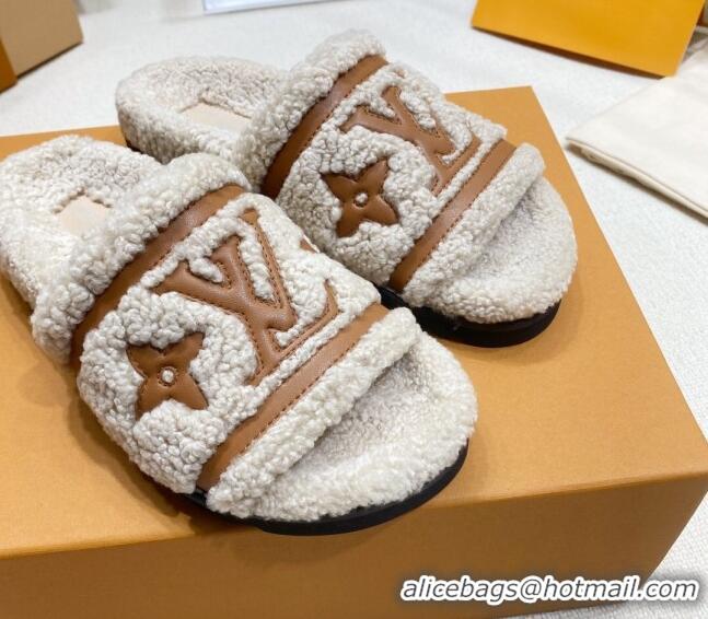 Unique Style Louis Vuitton Shearling Flat Slide Sandals Beige 110264