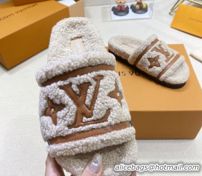 Unique Style Louis Vuitton Shearling Flat Slide Sandals Beige 110264