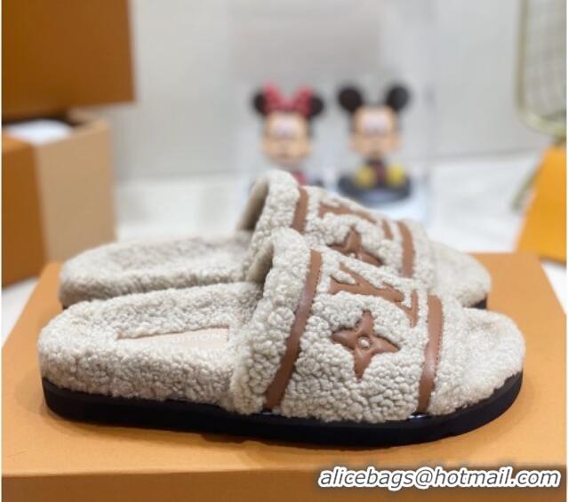 Unique Style Louis Vuitton Shearling Flat Slide Sandals Beige 110264