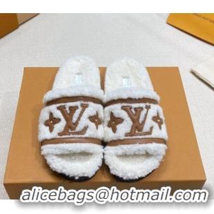 Fashion Louis Vuitton Shearling Flat Slide Sandals White/Brown 110265