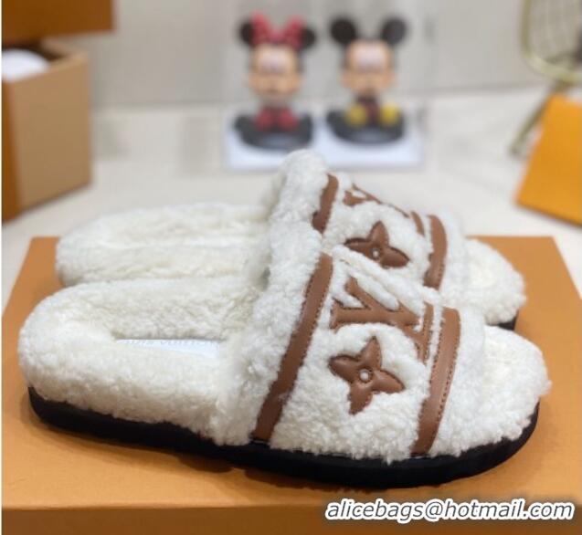 Fashion Louis Vuitton Shearling Flat Slide Sandals White/Brown 110265