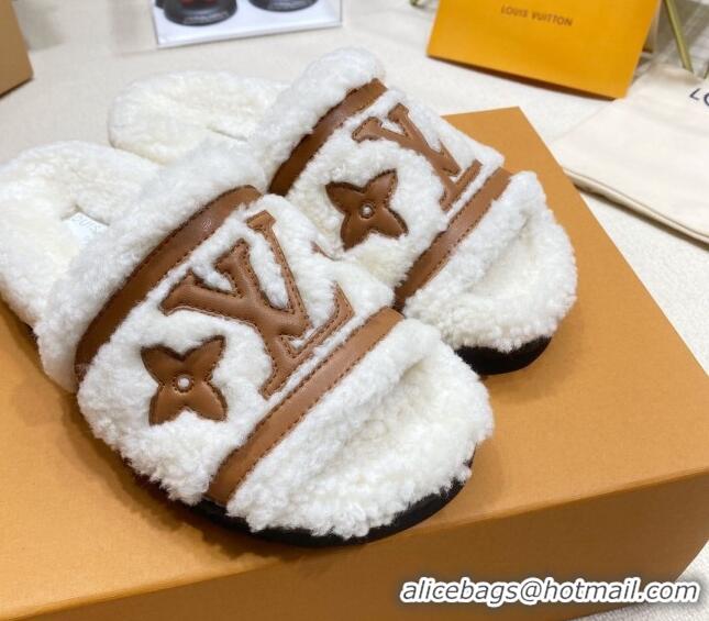 Fashion Louis Vuitton Shearling Flat Slide Sandals White/Brown 110265