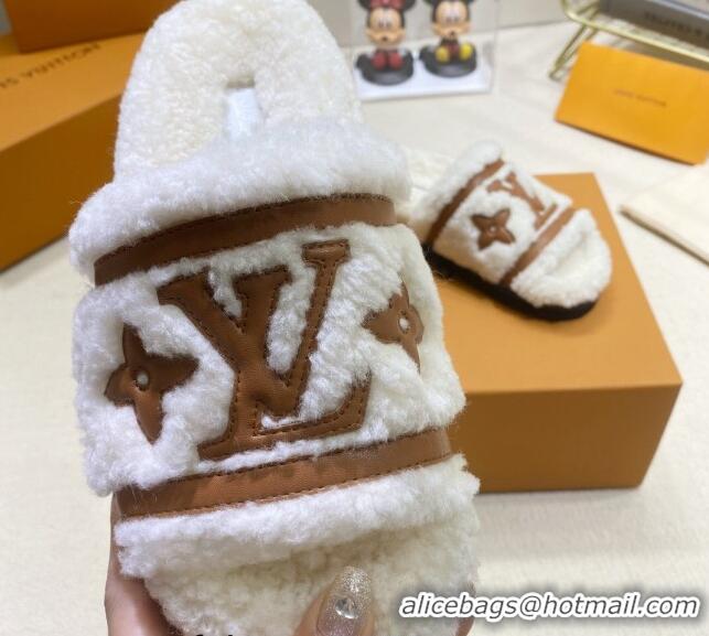 Fashion Louis Vuitton Shearling Flat Slide Sandals White/Brown 110265