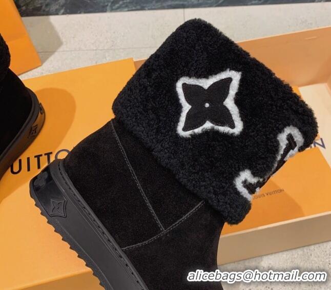 Pretty Style Louis Vuitton Snowdrop Shearling and Suede Flat Ankle Boots Black 110416