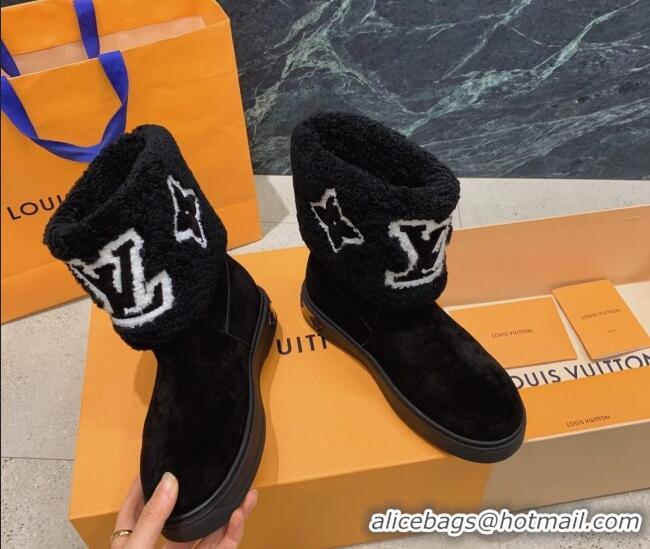 Pretty Style Louis Vuitton Snowdrop Shearling and Suede Flat Ankle Boots Black 110416