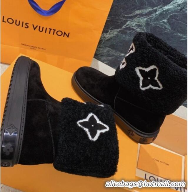 Pretty Style Louis Vuitton Snowdrop Shearling and Suede Flat Ankle Boots Black 110416