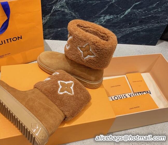 Top Grade Louis Vuitton Snowdrop Shearling and Suede Flat Ankle Boots Brown 110417