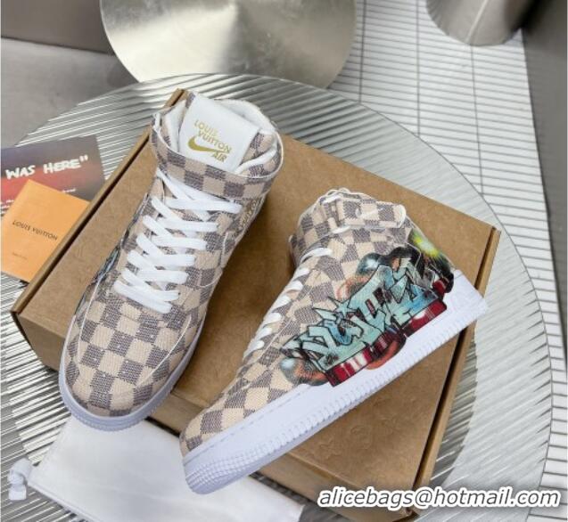 Popular Style Louis Vuitton and Nike Air Jordan AJ1 High-top Sneakers in Printed Damier Azur Canvas 113039