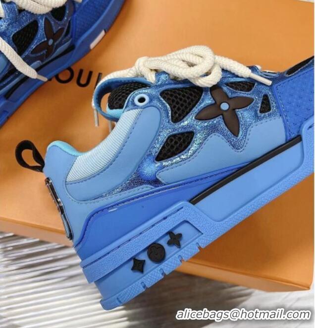 Pretty Style Louis Vuitton Trainer Sneakers in Metallic Leather and Mesh Blue 2113046