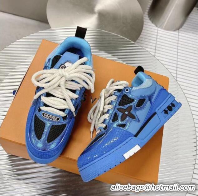 Pretty Style Louis Vuitton Trainer Sneakers in Metallic Leather and Mesh Blue 2113046