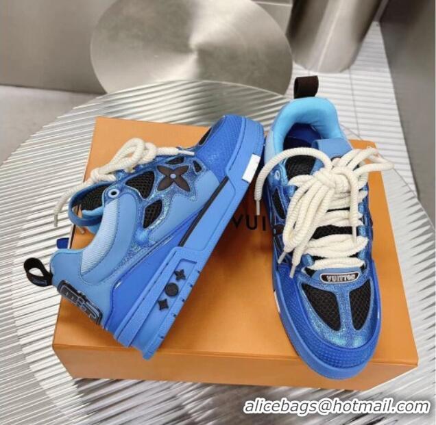 Pretty Style Louis Vuitton Trainer Sneakers in Metallic Leather and Mesh Blue 2113046