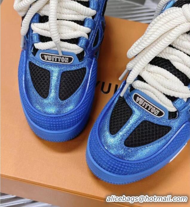 Pretty Style Louis Vuitton Trainer Sneakers in Metallic Leather and Mesh Blue 2113046