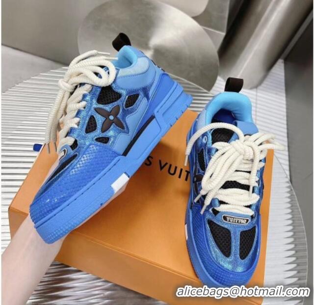 Pretty Style Louis Vuitton Trainer Sneakers in Metallic Leather and Mesh Blue 2113046