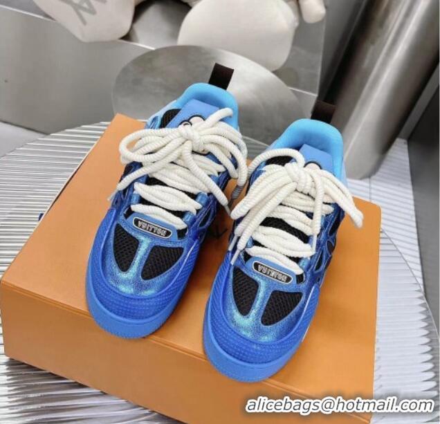 Pretty Style Louis Vuitton Trainer Sneakers in Metallic Leather and Mesh Blue 2113046