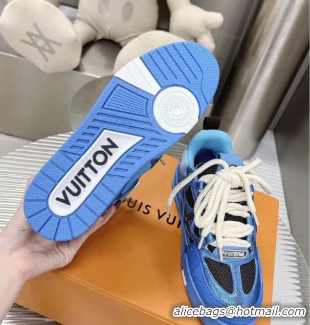 Pretty Style Louis Vuitton Trainer Sneakers in Metallic Leather and Mesh Blue 2113046