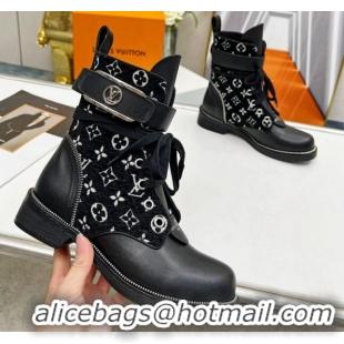 Best Grade Louis Vuitton Metropolis Lace-up Ankle Boots in Black Monogram Velvet and Leather 220156