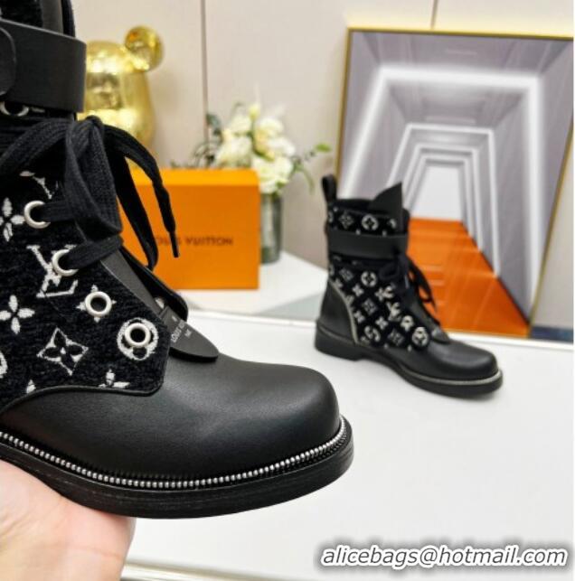 Best Grade Louis Vuitton Metropolis Lace-up Ankle Boots in Black Monogram Velvet and Leather 220156