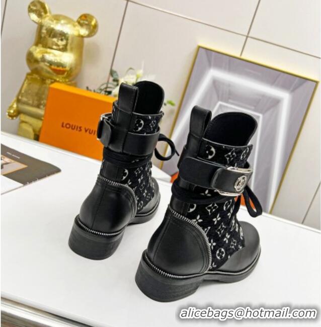 Best Grade Louis Vuitton Metropolis Lace-up Ankle Boots in Black Monogram Velvet and Leather 220156