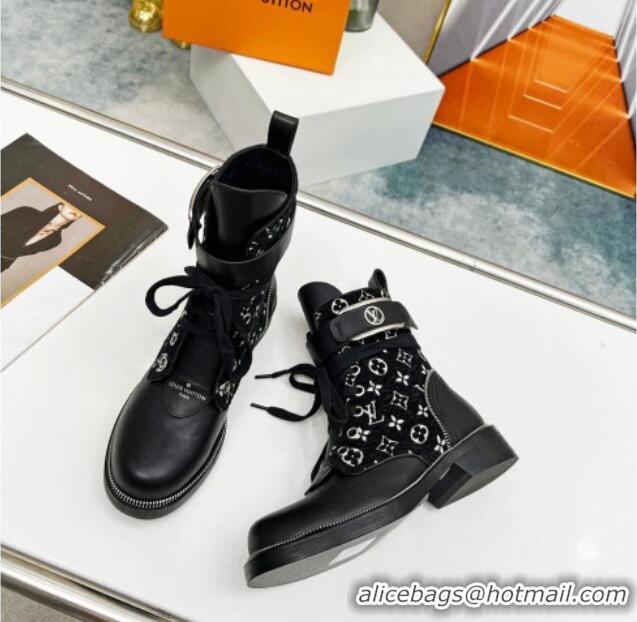 Best Grade Louis Vuitton Metropolis Lace-up Ankle Boots in Black Monogram Velvet and Leather 220156