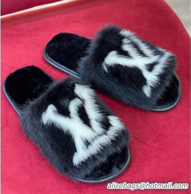 Grade Quality Louis Vuitton Dreamy Mink Fur Flat Slipper Black 220161