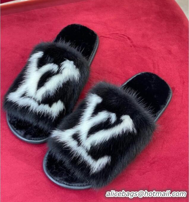 Grade Quality Louis Vuitton Dreamy Mink Fur Flat Slipper Black 220161