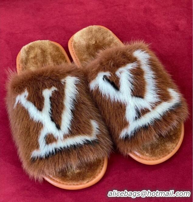 Grade Quality Louis Vuitton Dreamy Mink Fur Flat Slipper Brown 220164