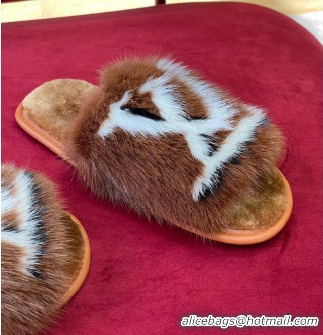 Grade Quality Louis Vuitton Dreamy Mink Fur Flat Slipper Brown 220164