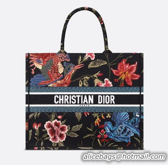 New Discount Large Dior Book Tote Multicolor Dior Birds Embroidery M911 Black