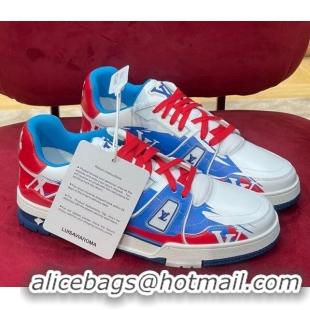 Top Design Louis Vuitton LV Trainer Sneakers in Printed Calf Leather Blue/Red 1223100