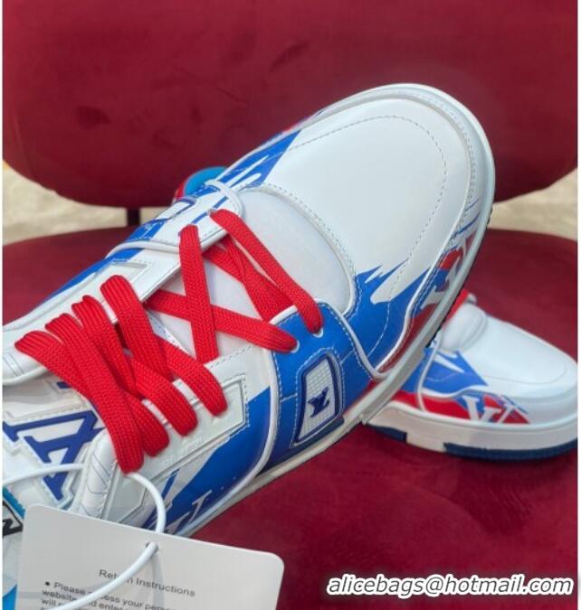 Top Design Louis Vuitton LV Trainer Sneakers in Printed Calf Leather Blue/Red 1223100